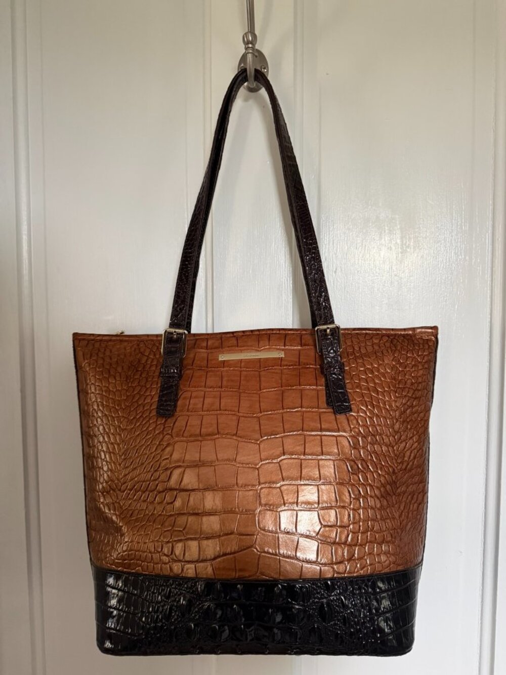 Brahmin Two-Tone Croc Embossed Leather Tote Bag Shoulder Cognac Brown Black